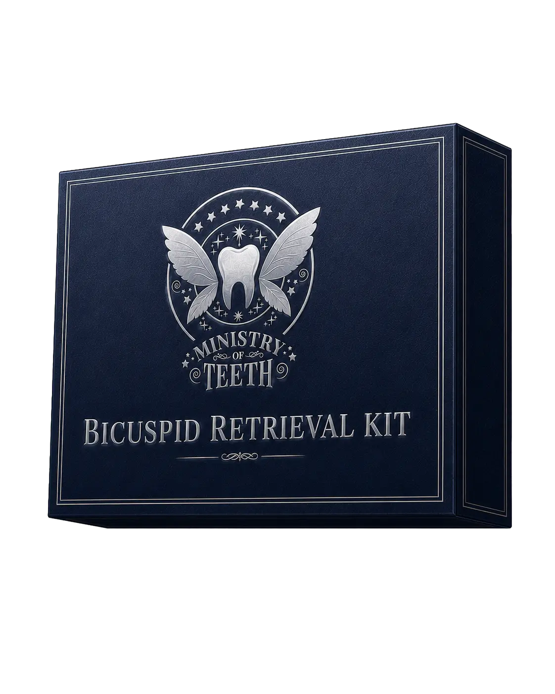 A navy and silver Bicuspid Retrieval Kit presentation box shown from the right side