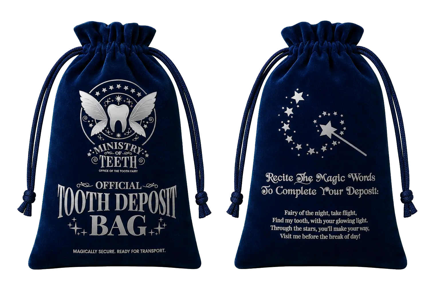 Front and back of the navy velvet Fairy Courier Pouch